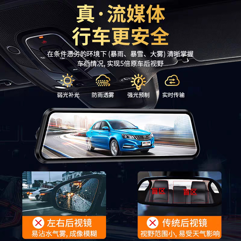 10-Inch 2.5D Screen Full-Screen Streaming Media Dash Cam with Starlight Night Vision, Dual Recording, 1296P Reversing Full-Screen Display