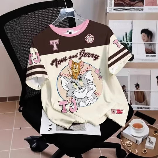 Summer Women's T-Shirt with 3D Digital Print of Tom and Jerry, Round Neck T-Shirt, Short-Sleeved Top, Breathable