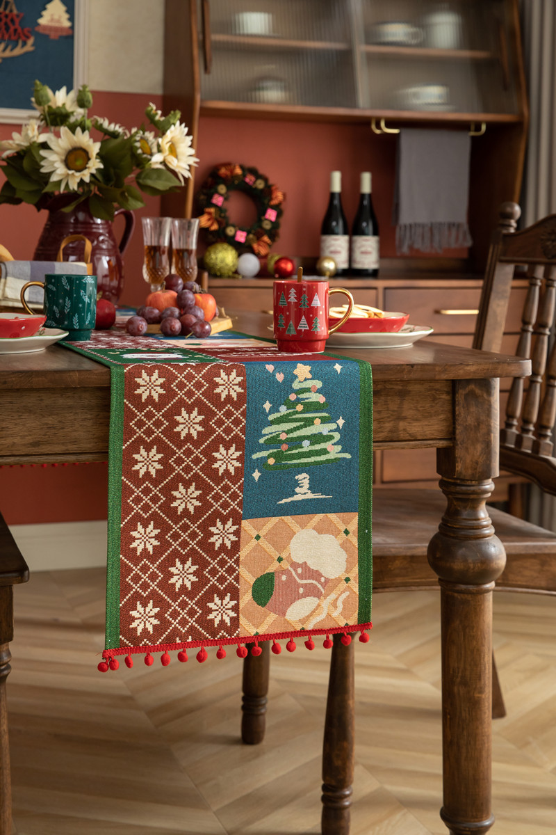 Christmas Jacquard Table Runner Polyester Cotton Decorative Flag_voghion.com