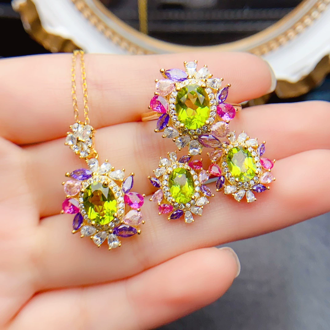 Новый комплект из натурального перидота S925, серебро, инкрустированный основной камень 5*7+6*8 мм, универсальные популярные модные женские украшения оптом