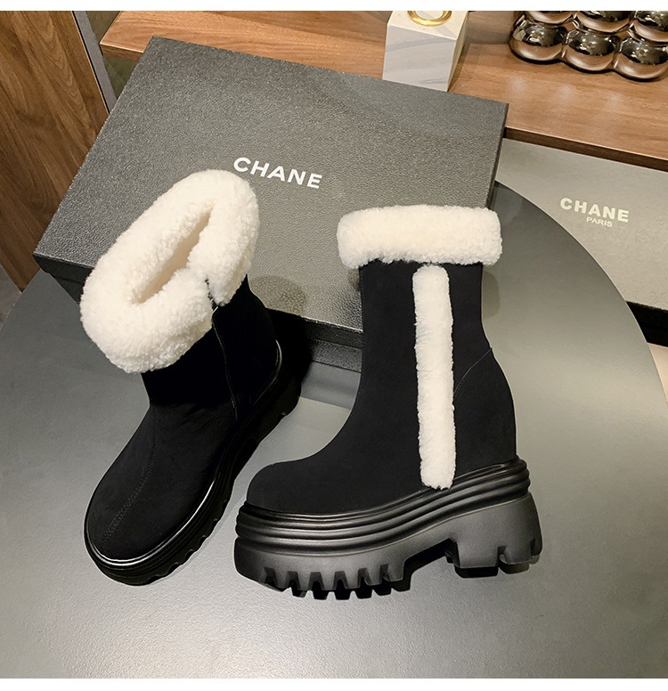 Boot ngắn nữ gót nêm lông cừu nhân tạo, tăng chiều cao bên trong, form ấm mùa đông — mơ 15cm chi tiết 18
