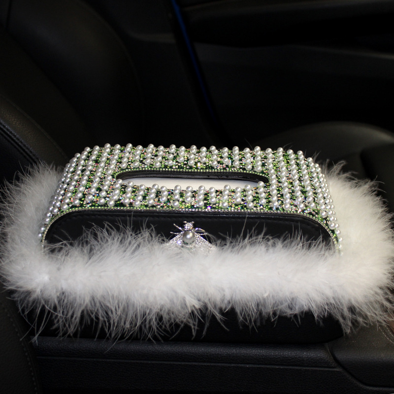 Caja de pañuelos de perlas con incrustaciones de diamantes creativos para coche, cojín de plumas, decoración, asiento, servilleta, caja de dibujo, suministros para coche