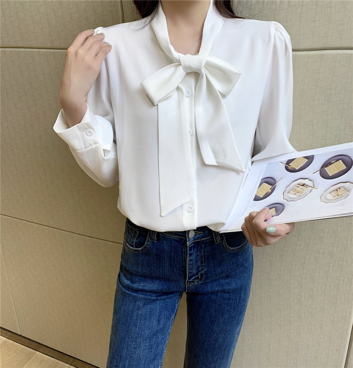 Bow Long-Sleeved Lace Chiffon Shirt NSFYF76637