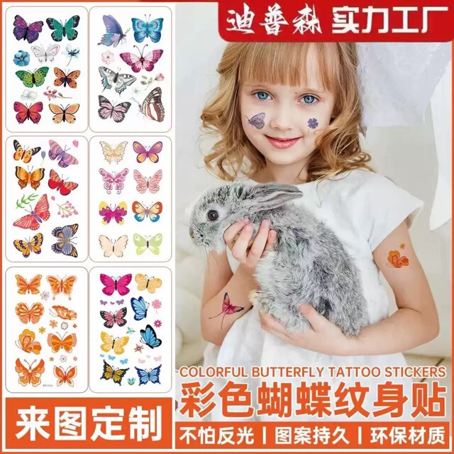Butterfly Tattoo Stickers for Kids Waterproof Sweat Cute Watercolor Cartoon Color Flower Butterfly Sticker Print Temporary Tattoos