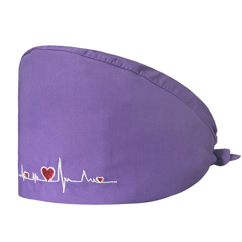 Gorro de Médico de Color Sólido en Poliéster y Algodón, Gorro Médico con Bordado de ECG, Gorro de Trabajo para Cola de Caballo Corta, Gorro Floral en Stock
