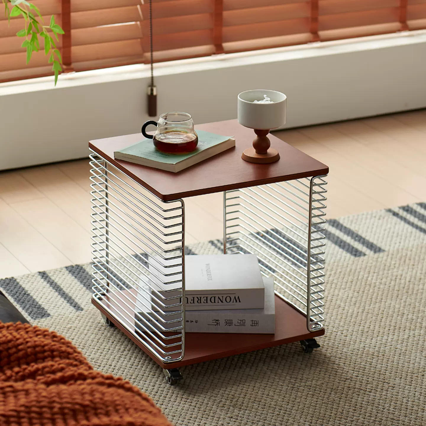 中古风不锈钢边几家用飘窗线条置物架金属书报架沙发边柜床头柜