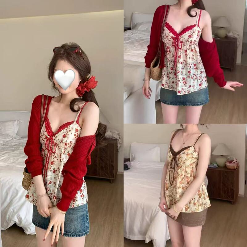 Lace Short Fashion Printed Japanese-Style Lace Slim-Fit Camisole Ins-Style Red Tank Top with Red Outer Shawl