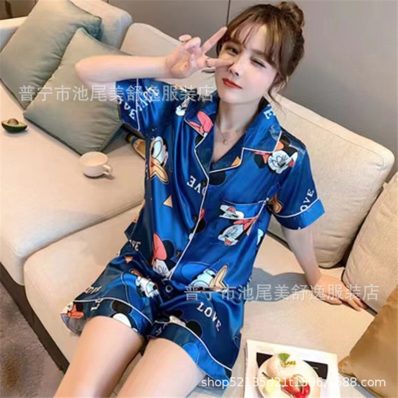 欧美外贸批发工厂冰丝睡衣女夏季短袖短裤仿真丝开衫家居服套装女
