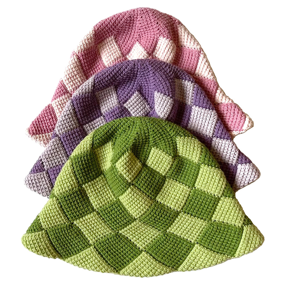 新渔夫帽女四季百搭棉线帽加密钩编针织棋盘格帽时尚休闲手钩帽