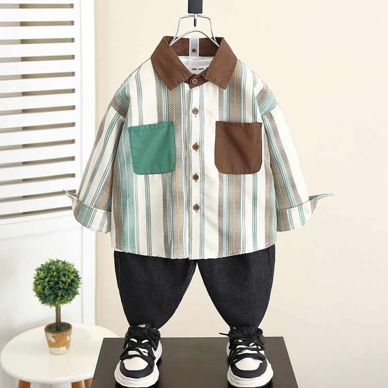 5827 chaqueta de camisa para niños primavera y otoño 2025 nuevo bebé otoño versión coreana camisa de manga larga para niños blusa a rayas