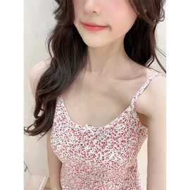 BM风纯欲风白底红色碎花华夫格吊带上衣女夏季bm蝴蝶结修身背心潮