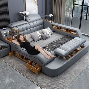 Beautiful Pearl Intelligent Massage Tatami Leather Bed Light Luxury Master Bedroom Storage Double Bed Size Wedding Bed