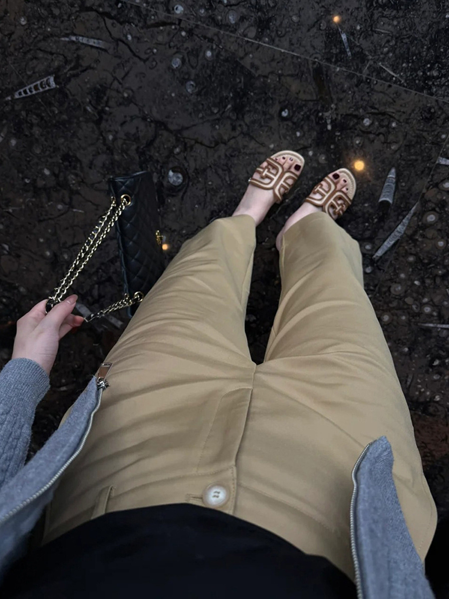 Quần tây nữ ống rộng cạp cao dáng suông kaki chín tấc mùa hè — Màu kaki