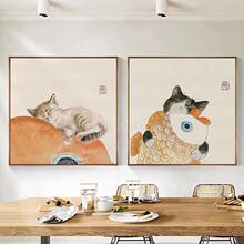 新中式客厅卧室简约动物猫咪卡通创意晶瓷画油布画装饰画方形挂画