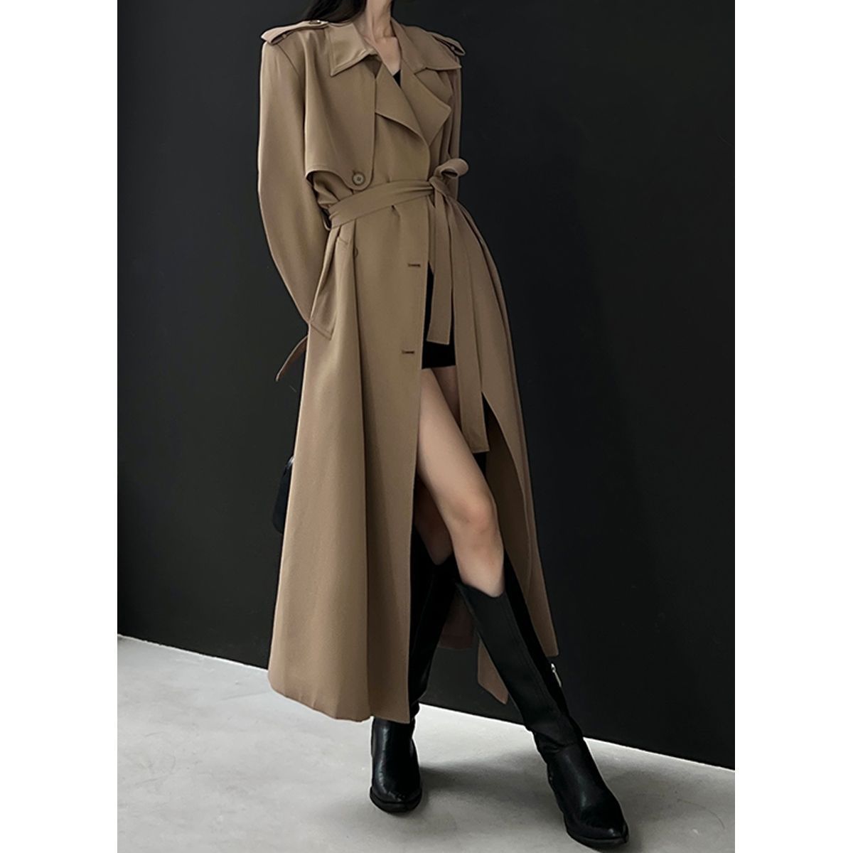 Long Black Trendy Trench Coat for Women, New Casual Waist-Cinching Coat