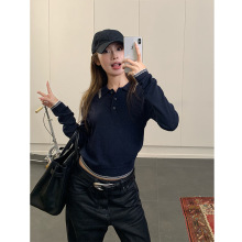 楠涛秋冬学院风polo领羊毛蚕丝撞色针织毛衣女气质修身长袖上衣