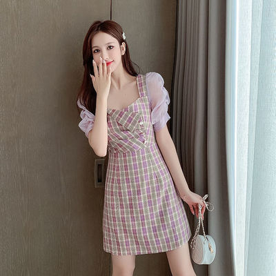 cheongsam Elegant Pink lattice Dress 2021 summer new pattern Retro square neck puff sleeve temperament Dress
