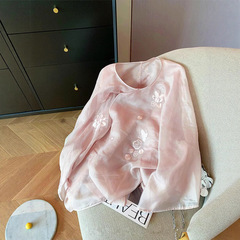 ピンク刺繍斜めラウンドネック新中国風シフォンシャツ 2025 女性の夏の国民風優しい気質日焼け止めトップ