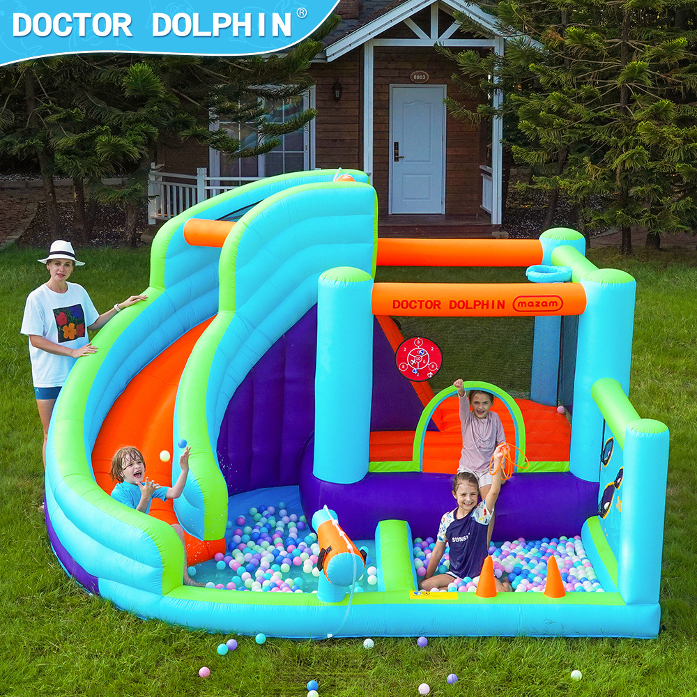 Dr. Dolphin Castillo inflable interior tobogán inflable hogar pequeño parque de trampolín inflable con chorro de agua