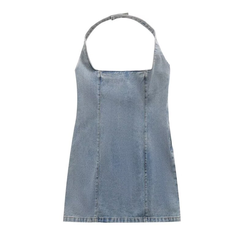 European and American women's fashion square-neck halter denim mini dress, vintage washed slim-fit bodycon hot girl halter short dress European and American women's fashion square-neck halter denim mini dress, vintage washed slim-fit bodycon hot girl halter short dress