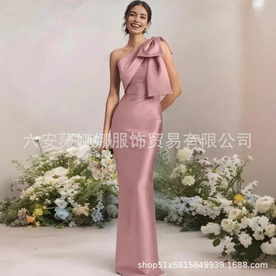 Amazon Cross-Border New Bow Design One-Shoulder Evening Dress Slim Temperament Fishtail Dress Skirt Women's Dress