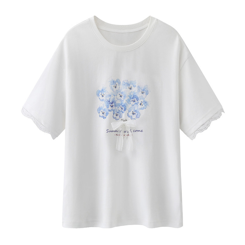 Flower Print T-Shirt for Women 2026 Summer New Style Lace Splicing Bow Short-Sleeved Round Neck Top T96S112 Flower Print T-Shirt for Women 2026 Summer New Style Lace Splicing Bow Short-Sleeved Round Neck Top T96S112