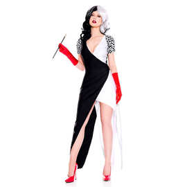 万圣节 库伊拉黑白拼色长裙101忠狗Cruella女成人COS派对演出服装