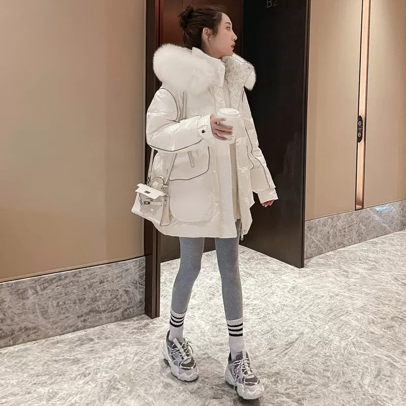 白鸭绒欧货2022冬新款韩版羽绒服女中长款立领时尚简约面包服外套