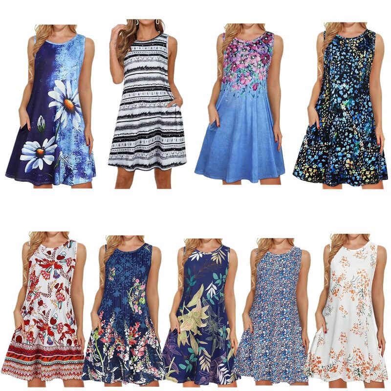 Source Factory Cross-Border Summer Women's Sleeveless Dress 3D Digital Printing Hawaiian Plant Flower Long Skirt for Women