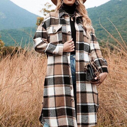 Autumn and winter European temperament windbreaker coat, side split lapel loose woolen plaid coat 