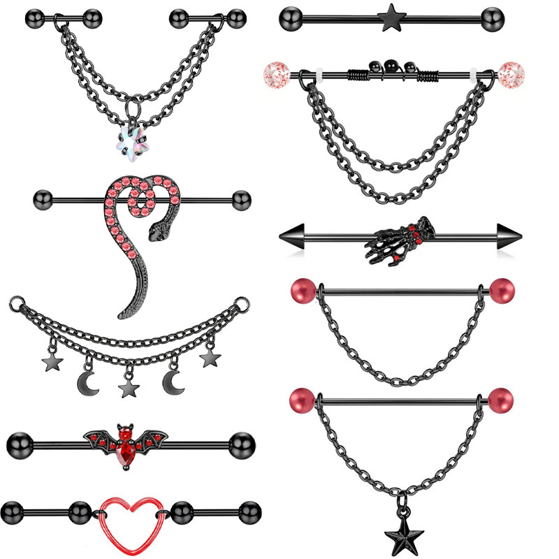 欧美万圣节桃心杠铃耳软骨钉暗黑蝙蝠螺丝耳环双耳洞不锈钢饰品