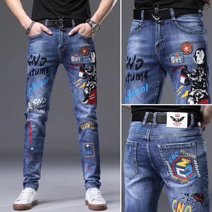 2025 Spring and Summer Patchwork Ripped Jeans Men's Slim Straight Blue Pants with Patches, Ripped Raw Edges and Scratched