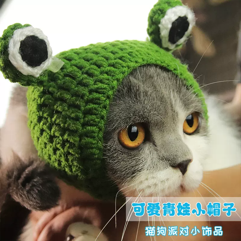 猫咪头套跨境爆款卡通青蛙造型编织宠物帽子头饰可调节宠物头套