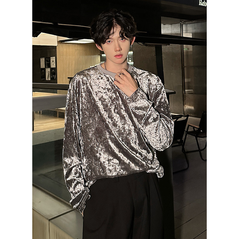 Nightclub Stylish Shiny Velvet Round-Neck Long-Sleeve T-Shirt Satin Base Shirt Men's Sweatshirt Spring Trendy Top