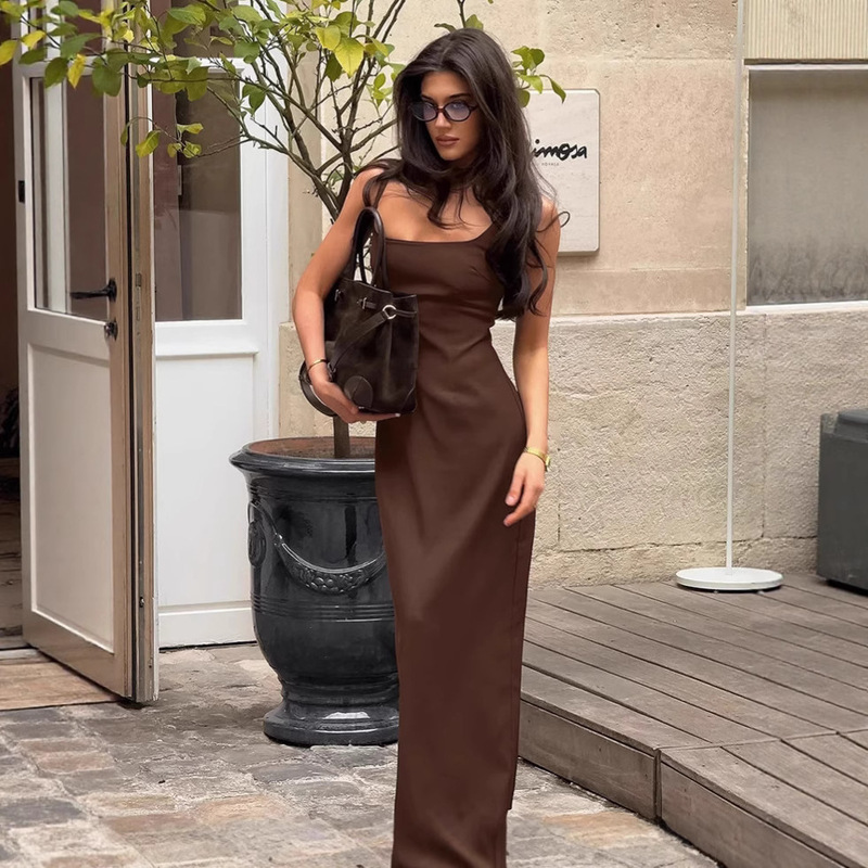 2026 Autumn New Vintage French Style Brown Strap Dress Elegant Layered Dress A-Line Long Dress Women's Fashion for Export 2026 Autumn New Vintage French Style Brown Strap Dress Elegant Layered Dress A-Line Long Dress Women's Fashion for Export