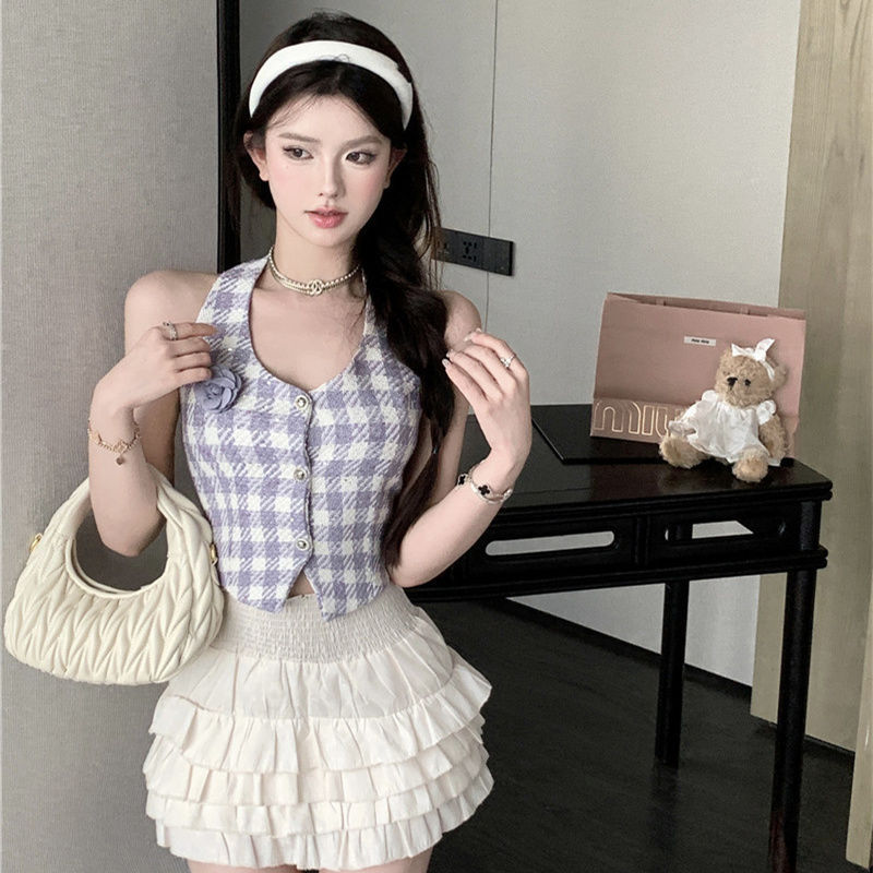 Thousand Plaid Chanel Style Summer New Vest Knitted Design Sense Outer Short Knitted Sleeveless Vest Top