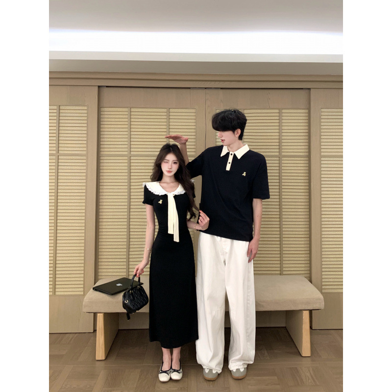 2026 Summer French Sweet Preppy Style Navy Collar Dress for Women Summer New Long Dress Couple Wear Short Sleeves