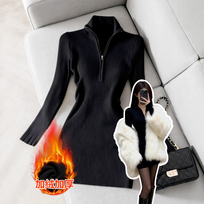 Autumn and Winter Black Knitted Dress for Women 2026 New Style Long-Sleeved Velvet Inner Skirt with Hip-Hugging Skirt and Slim-Fitting Little Black Dress Autumn and Winter Black Knitted Dress for Women 2026 New Style Long-Sleeved Velvet Inner Skirt with Hip-Hugging Skirt and Slim-Fitting Little Black Dress