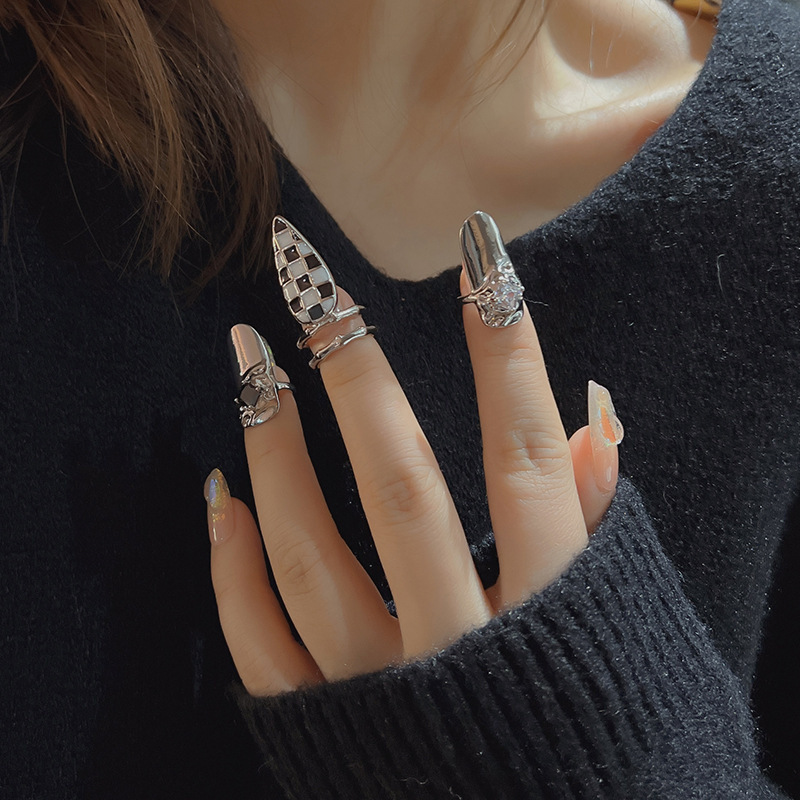 Niche Design Personality Checkerboard Open Nail Ring Sweet Cool Style Diamond Nail Art Ring Armor Ring Accessories
