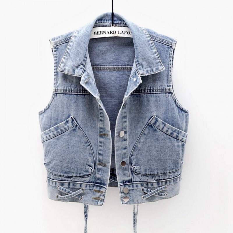 [Ready Stock] New Loose Large Flap Pocket Pants Sleeveless Jacket Denim Vest Women's Short Spring & Fall Slim Lace-Up Vest