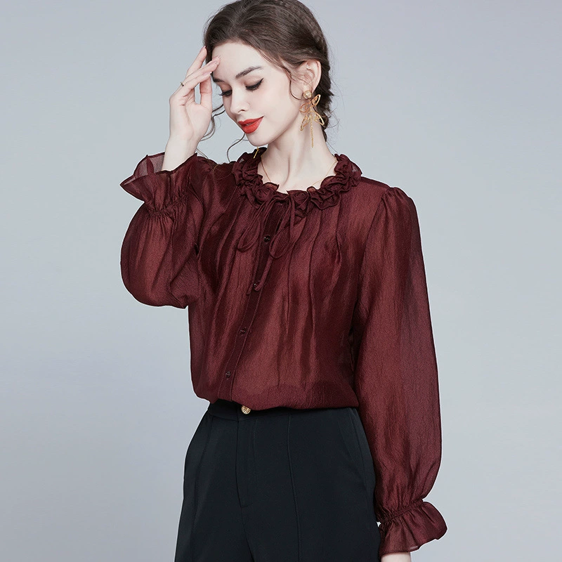 Элегантная французская шифоновая блузка с круглым вырезом и длинными рукавами для женщин, лето 2025, скрывающая живот, больших размеров.