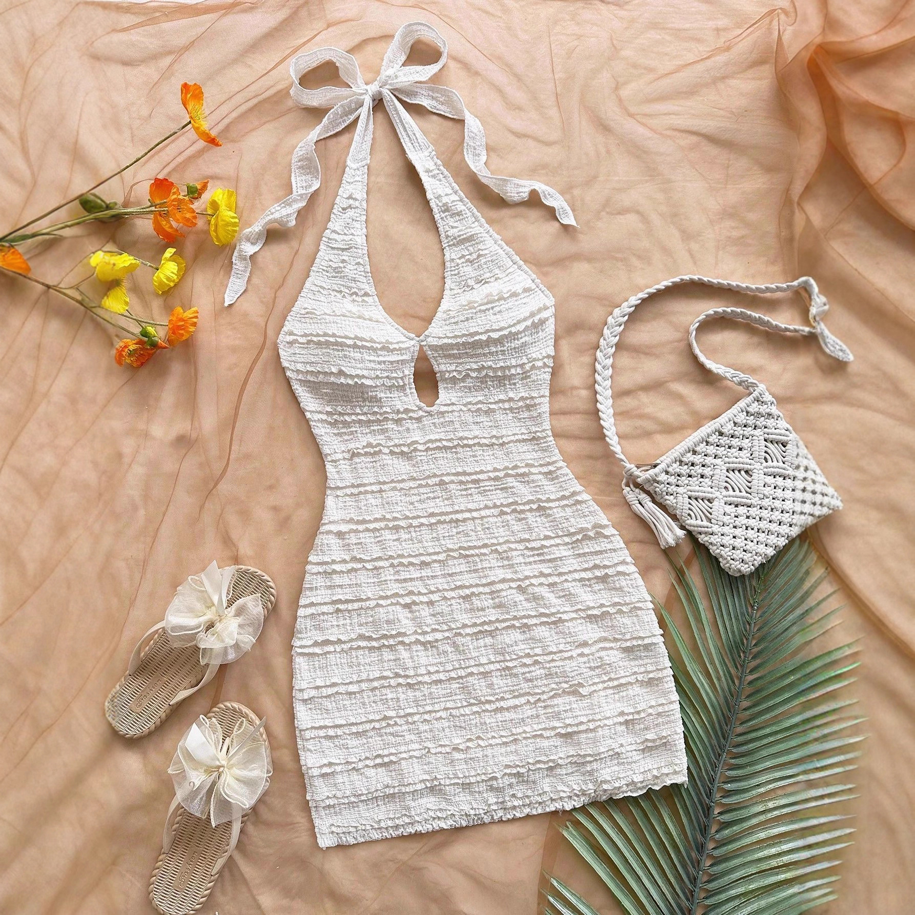 European and American Cross-Border Independent Station French Layered Ruffled Knitted Texture Tight-Fitting Backless Mini Dress Holiday Style