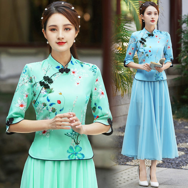 Spring and Summer New Improved Cheongsam Top Chinese Han Dynasty Suit Chinese Style Literary Retro Two-Piece Tang Suit Tea Suit Spring and Summer New Improved Cheongsam Top Chinese Han Dynasty Suit Chinese Style Literary Retro Two-Piece Tang Suit Tea Suit
