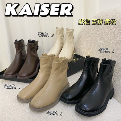 [Caesar brand Zhuanban Square Riding boots Bootie Ears Autumn and winter new pattern Retro soft sole Boots