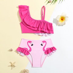 Children's swimwear cross-border bikini one-shoulder lotus edge flamingo print triangle quick-dry swimsuit for little girls