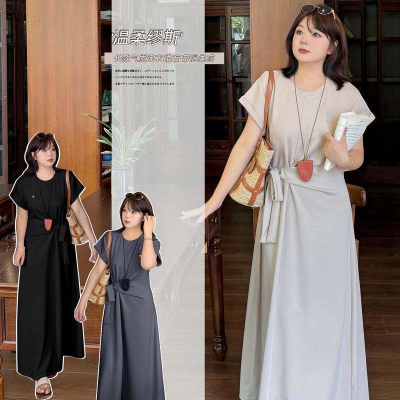 7974 Xuan Chen Slightly Chubby Plus-Size French Commuter Chic Style Short-Sleeve Dress Summer Waist-Slimming Long Dress