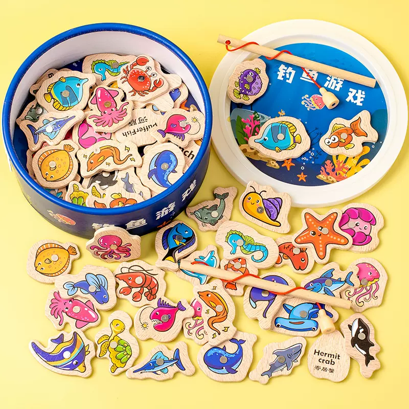 木制桶装趣味钓鱼玩具儿童海洋生物认知磁性钓鱼小鱼亲自互动木制