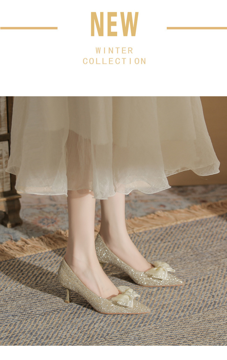 Giày cao gót mũi nhọn miệng nông đính sequin kiểu Pháp — Màu Sâm panh chi tiết 2