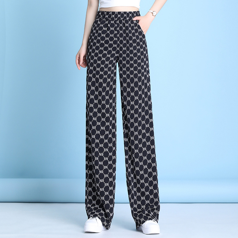 夏镂空卷邊無腰帶棉黑色闊腿褲長褲高腰氣質通勤寬松型褲子