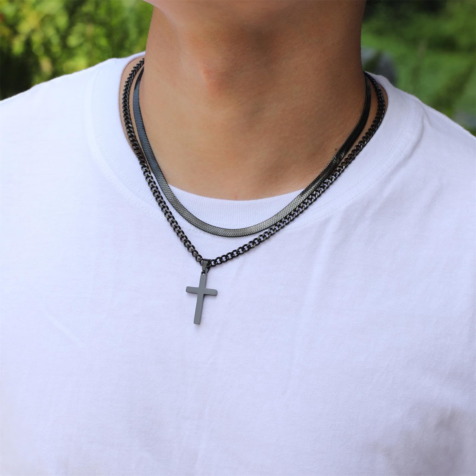 Cross Pendant Layered Necklace In Stainless Steel For Women_voghion.com